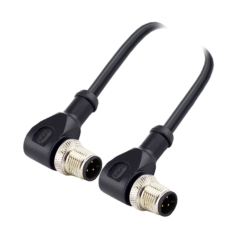 M12 3pins A code male straight to male right angle molded cable,shielded,PVC,-40°C~+105°C,22AWG 0.34mm²,brass with nickel plated screw